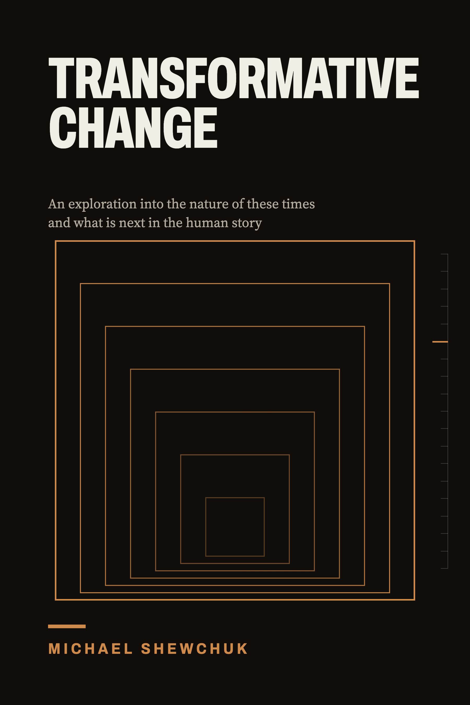 Cover of Transformative Change by Michael Shewchuk: the title in condensed pale capitals on a near-black ground, above nested bronze rectangles receding upward like openings in a stairwell seen from below.